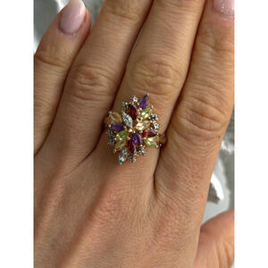 925 Sterling Silver Gold Plated Flower Multicolor Stones Ring Size 8